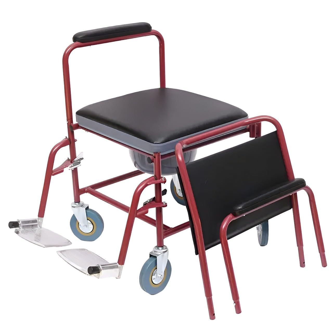 eOnekart Lightweight Portable Rolling Commode Wheelchair with Removable Pot & Padded Seat | Flip-Up Armrests, Detachable Footrests | Powder-Coated Steel Frame | 5-Inch Lockable Rear Wheels for Elderly & Patients