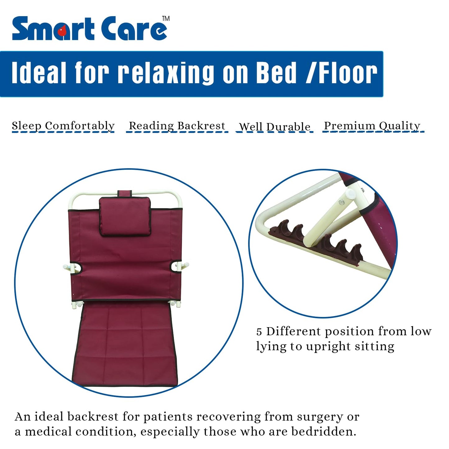 eOnekart Adjustable Hospital Back Rest for Bed or Back Support - Lightweight Portable Comfort and Convenience in Red