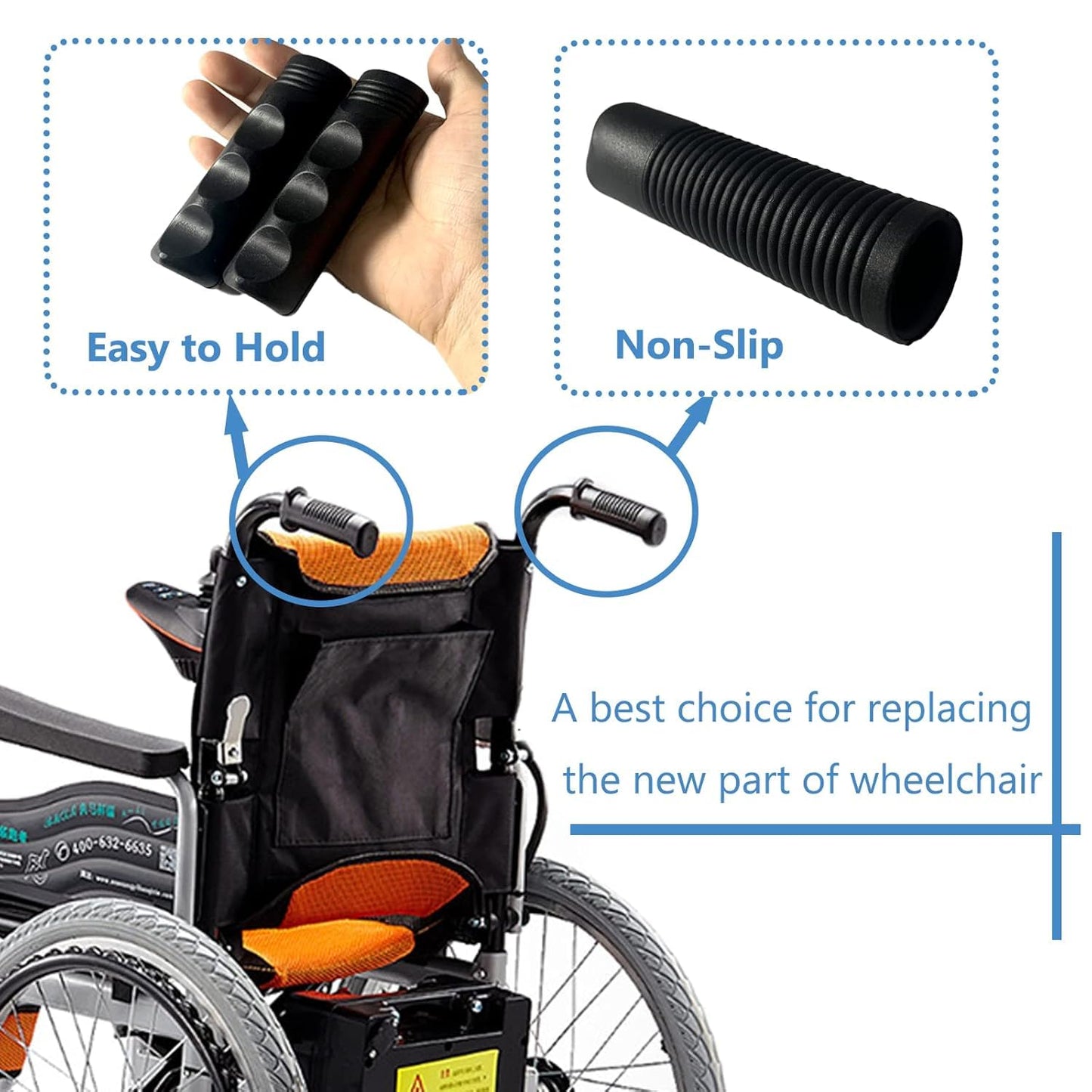 eOnekart Wheelchair Handle Grip Replacement for Dia 7/8 Inch Universal Size | Non-slip PVC Comfortable Grip Design | Medical Disability Walking Mobility Equipment Parts & Accessories | 1 Pair, Black