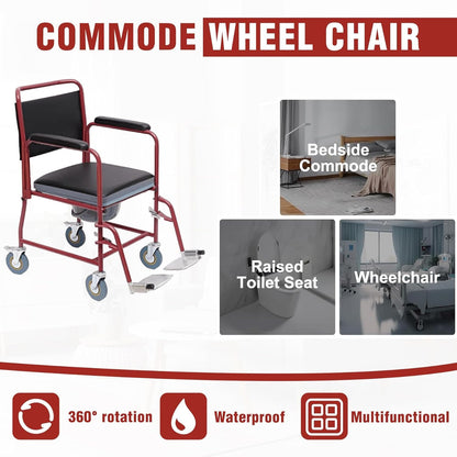 eOnekart Lightweight Portable Rolling Commode Wheelchair with Removable Pot & Padded Seat | Flip-Up Armrests, Detachable Footrests | Powder-Coated Steel Frame | 5-Inch Lockable Rear Wheels for Elderly & Patients