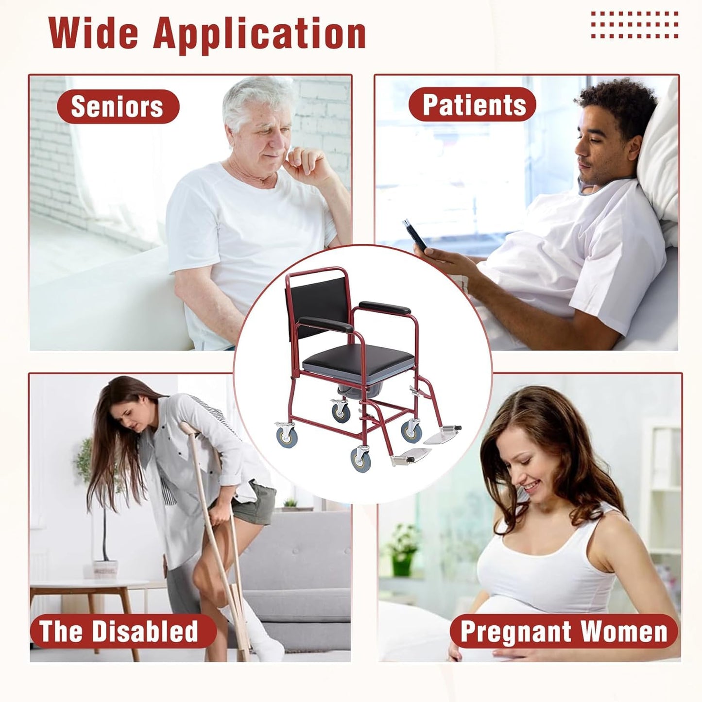 eOnekart Lightweight Portable Rolling Commode Wheelchair with Removable Pot & Padded Seat | Flip-Up Armrests, Detachable Footrests | Powder-Coated Steel Frame | 5-Inch Lockable Rear Wheels for Elderly & Patients