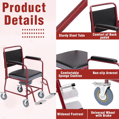 Rolling Commode Chair With Locking System Wheel With Commode Pot | Western Toilet & Portable Use | Removable Footrest | Flip-down Armrest (Seat Lift | Foldable Frame)
