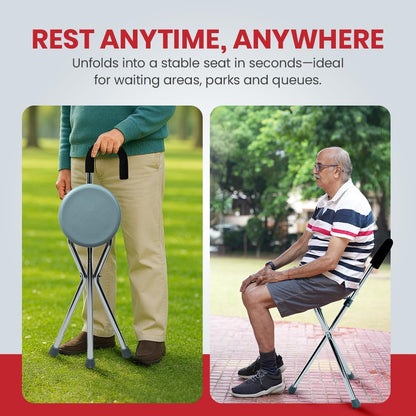 eOnekart Folding Walking Stick with Seat – Lightweight Portable Walking Cane Chair for Seniors, Adults & Outdoor Use | Adjustable Height, Aluminum Frame, Non-Slip Tripod Base, Travel & Rest Support