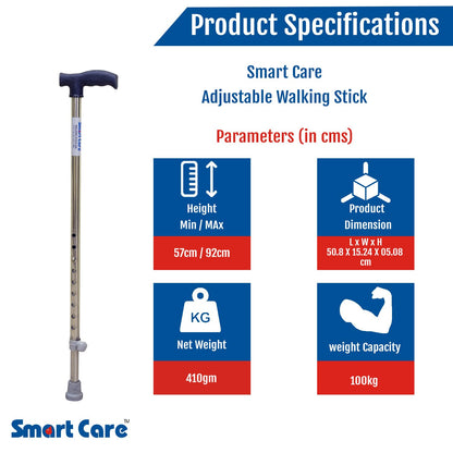 Walking Stick - SS930 Height Adjustable Strong Durable Anti-Slip Lightweight Walking Cane | Hand Stick for Old People & Adults Men & Women