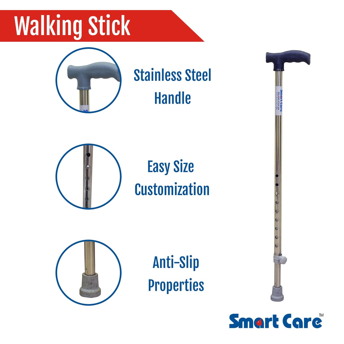 Walking Stick - SS930 Height Adjustable Strong Durable Anti-Slip Lightweight Walking Cane | Hand Stick for Old People & Adults Men & Women