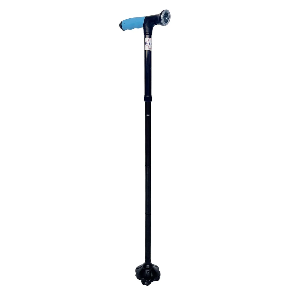 Four Leg Vaccume Base with LED Torch Aluminium Black Lightweight Folding Walking Stick (Cane 1000)