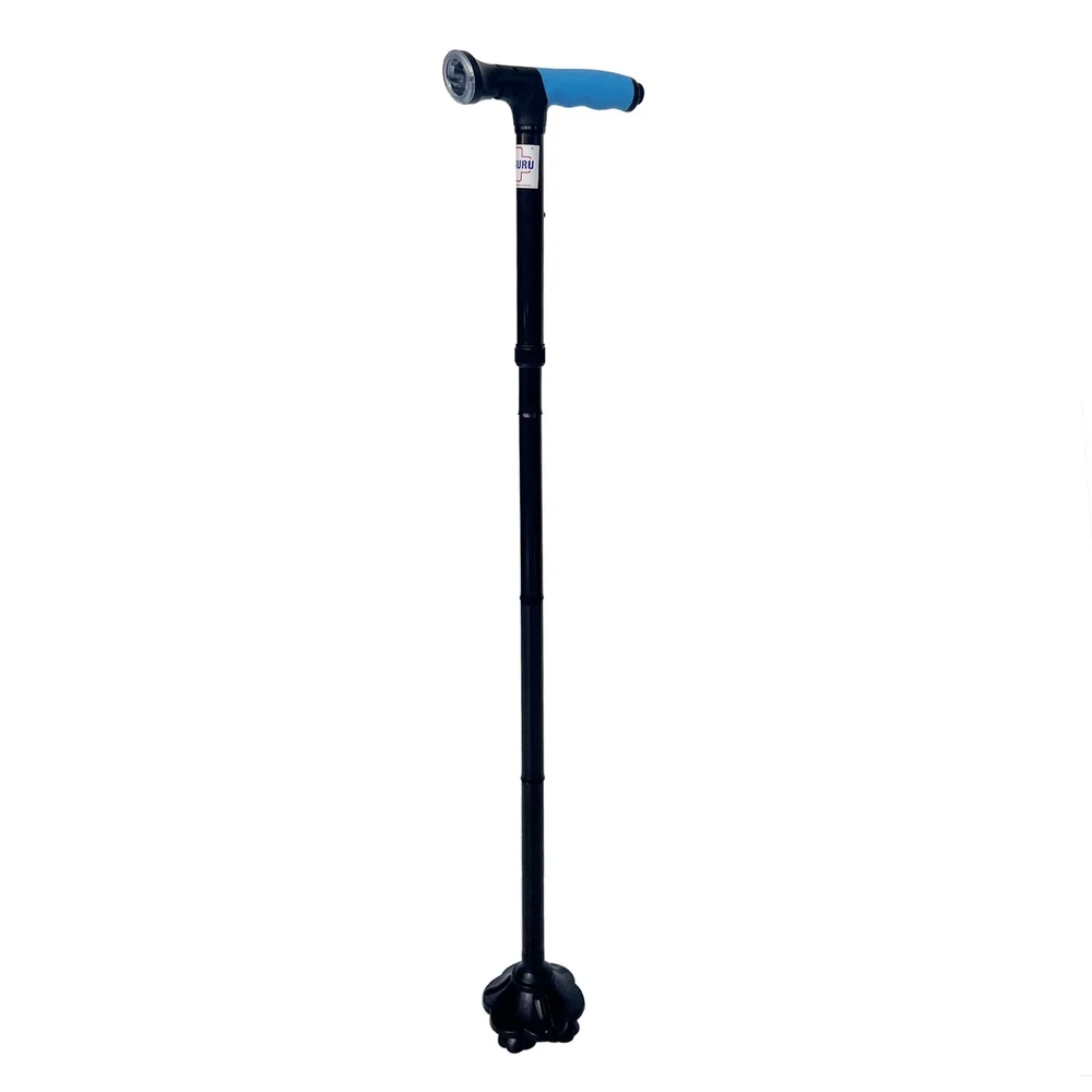 Four Leg Vaccume Base with LED Torch Aluminium Black Lightweight Folding Walking Stick (Cane 1000)