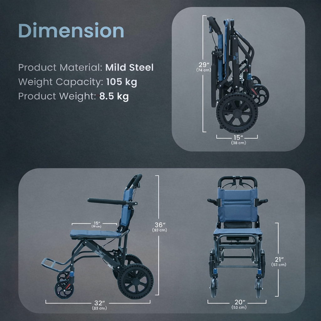 Ultra-Lightweight Foldable Transit Wheelchair with Mild Steel Frame, Flip-Up Armrest & Leg Rest, Attendant Brakes, Safety Belt, Back Pocket & Carry Bag for Travel & Daily Use