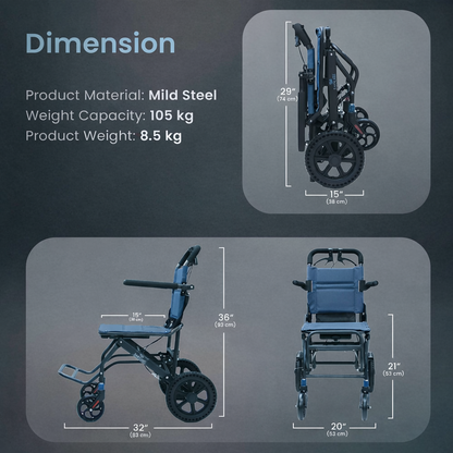 Ultra-Lightweight Foldable Transit Wheelchair with Mild Steel Frame, Flip-Up Armrest & Leg Rest, Attendant Brakes, Safety Belt, Back Pocket & Carry Bag for Travel & Daily Use