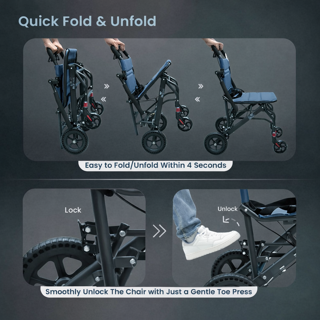 Ultra-Lightweight Foldable Transit Wheelchair with Mild Steel Frame, Flip-Up Armrest & Leg Rest, Attendant Brakes, Safety Belt, Back Pocket & Carry Bag for Travel & Daily Use