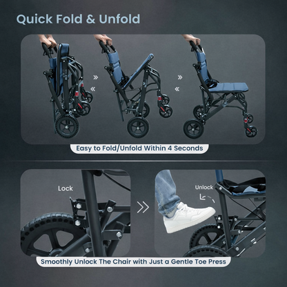 Ultra-Lightweight Foldable Transit Wheelchair with Mild Steel Frame, Flip-Up Armrest & Leg Rest, Attendant Brakes, Safety Belt, Back Pocket & Carry Bag for Travel & Daily Use