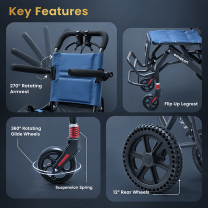 Ultra-Lightweight Foldable Transit Wheelchair with Mild Steel Frame, Flip-Up Armrest & Leg Rest, Attendant Brakes, Safety Belt, Back Pocket & Carry Bag for Travel & Daily Use