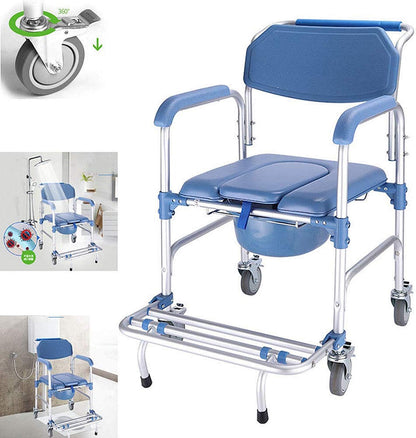Multifunctional Rolling Shower Commode Chair With Locking Wheels | Soft Padded U-Cut Seat | Lightweight Folding Bathroom/Toilet Wheelchair With Bucket, Armrest, Footrest for Elderly & Seniors
