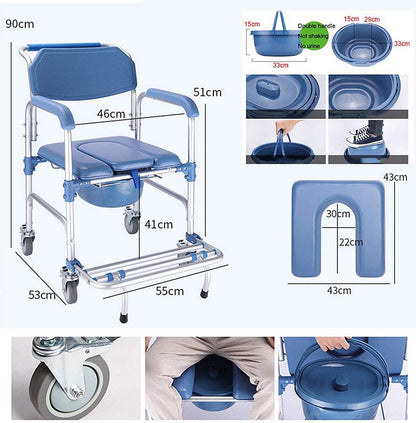 Multifunctional Rolling Shower Commode Chair With Locking Wheels | Soft Padded U-Cut Seat | Lightweight Folding Bathroom/Toilet Wheelchair With Bucket, Armrest, Footrest for Elderly & Seniors