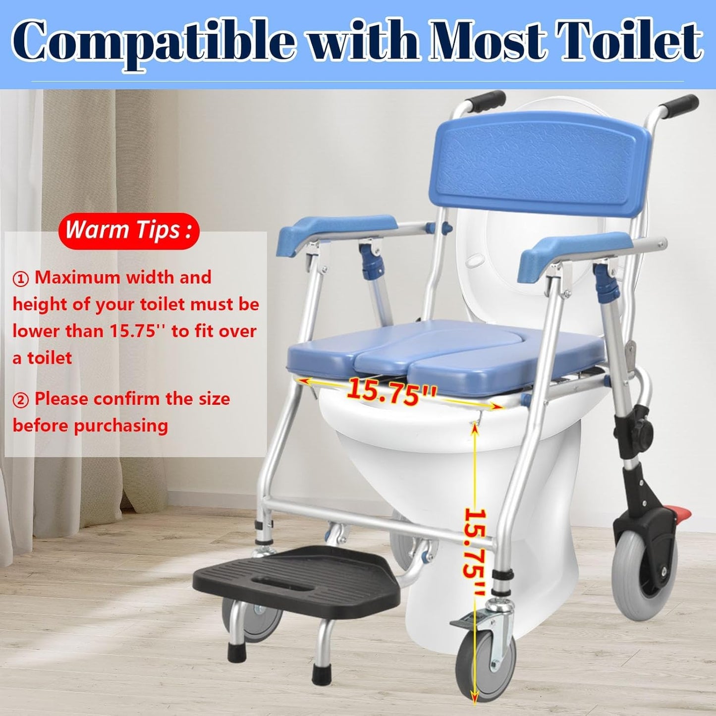 Multipurpose 4-in-1 Folding Bedside Commode Shower Wheelchair With Bucket, Armrest, Footrest & Padded Cushion | Rolling Bathroom/toilet Transport Chair Locking Wheels for Elderly and Seniors