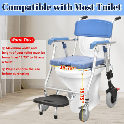 Multipurpose 4-in-1 Folding Bedside Commode Shower Wheelchair With Bucket, Armrest, Footrest & Padded Cushion | Rolling Bathroom/toilet Transport Chair Locking Wheels for Elderly and Seniors