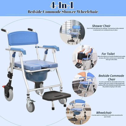 Multipurpose 4-in-1 Folding Bedside Commode Shower Wheelchair With Bucket, Armrest, Footrest & Padded Cushion | Rolling Bathroom/toilet Transport Chair Locking Wheels for Elderly and Seniors