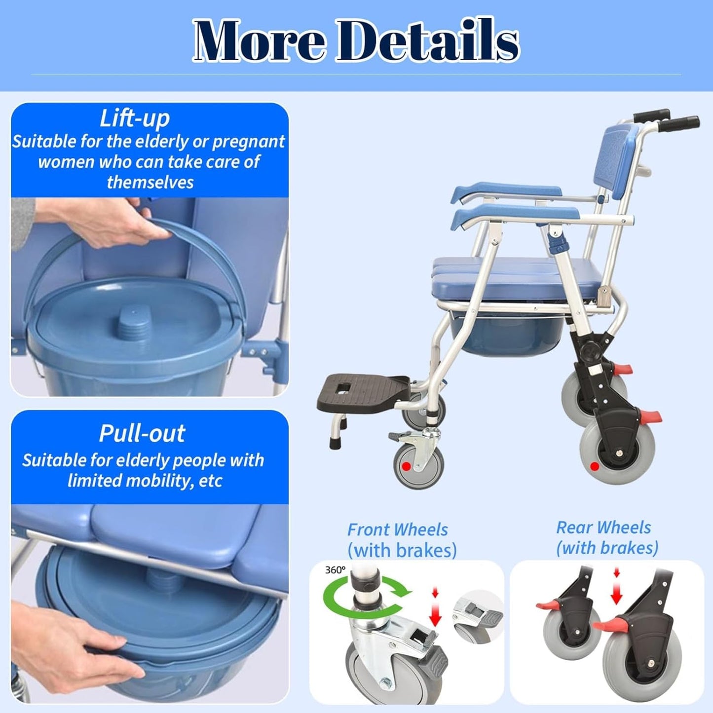Multipurpose 4-in-1 Folding Bedside Commode Shower Wheelchair With Bucket, Armrest, Footrest & Padded Cushion | Rolling Bathroom/toilet Transport Chair Locking Wheels for Elderly and Seniors