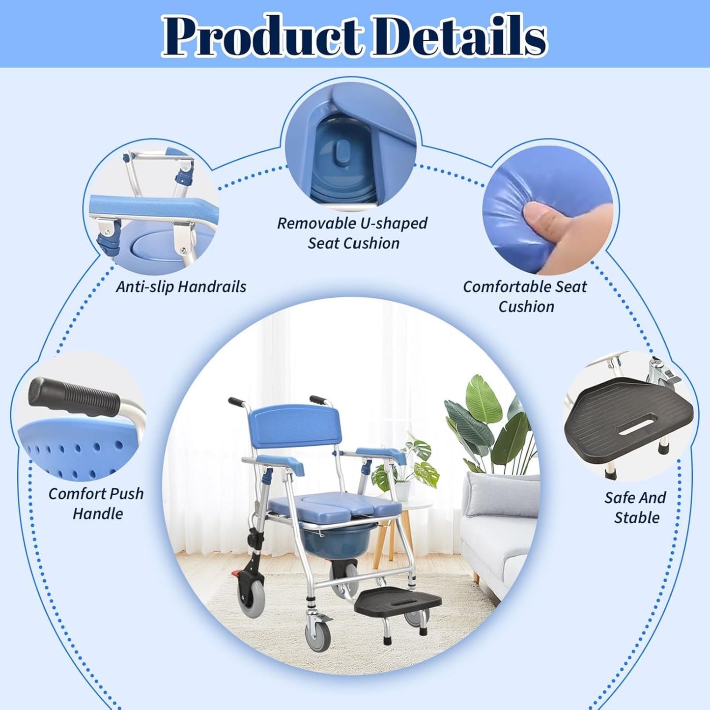 Multipurpose 4-in-1 Folding Bedside Commode Shower Wheelchair With Bucket, Armrest, Footrest & Padded Cushion | Rolling Bathroom/toilet Transport Chair Locking Wheels for Elderly and Seniors