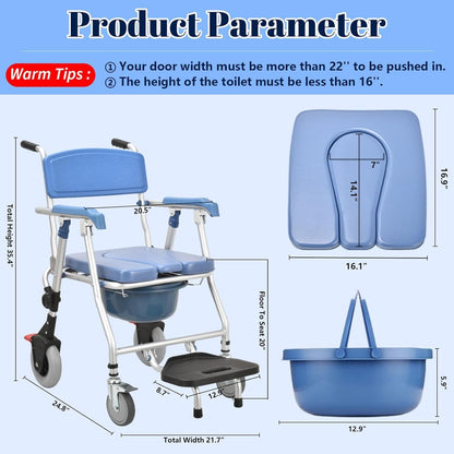 Multipurpose 4-in-1 Folding Bedside Commode Shower Wheelchair With Bucket, Armrest, Footrest & Padded Cushion | Rolling Bathroom/toilet Transport Chair Locking Wheels for Elderly and Seniors