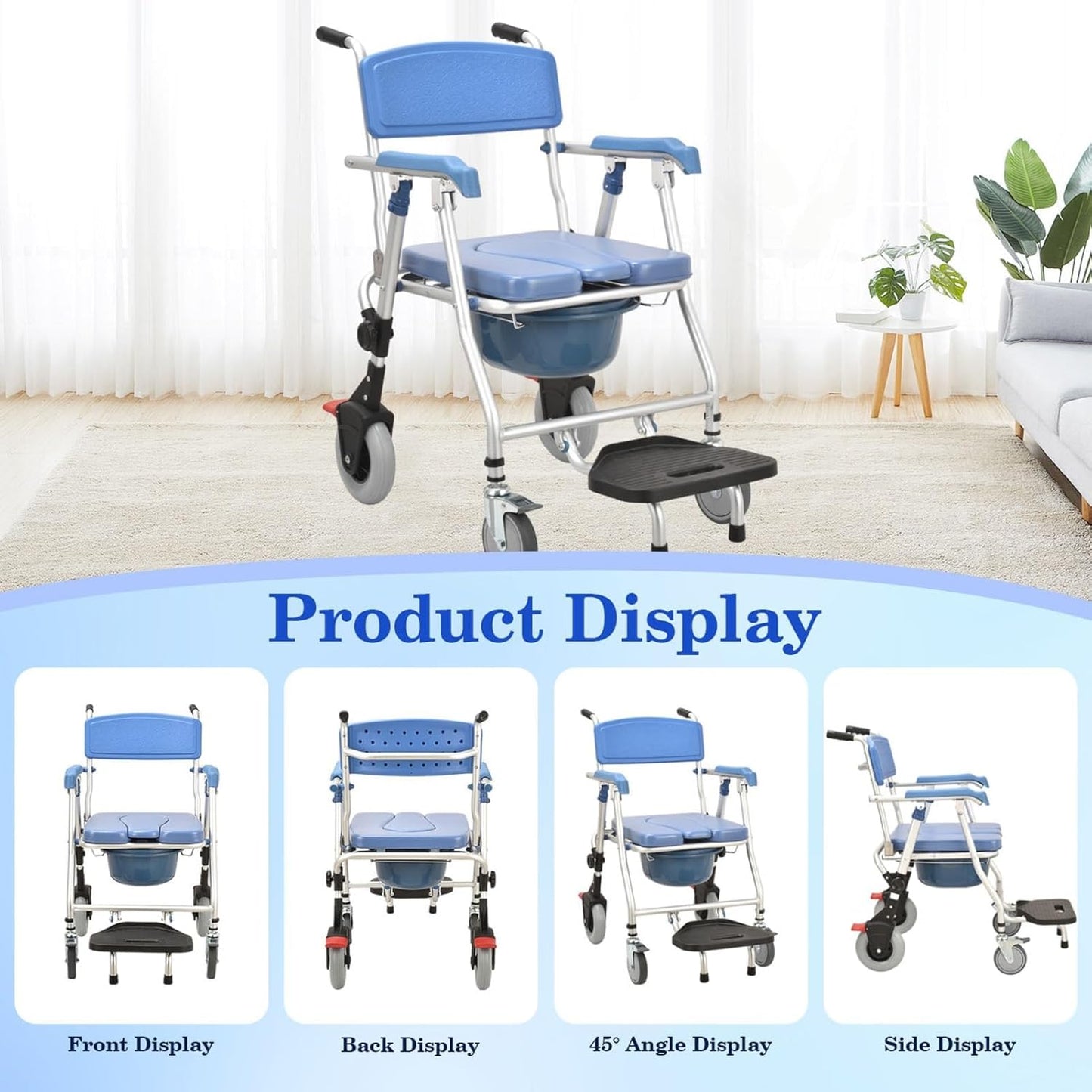 Multipurpose 4-in-1 Folding Bedside Commode Shower Wheelchair With Bucket, Armrest, Footrest & Padded Cushion | Rolling Bathroom/toilet Transport Chair Locking Wheels for Elderly and Seniors
