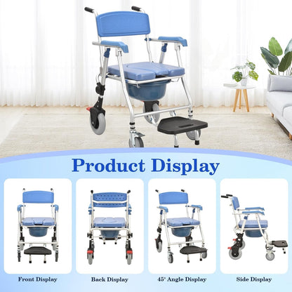 Multipurpose 4-in-1 Folding Bedside Commode Shower Wheelchair With Bucket, Armrest, Footrest & Padded Cushion | Rolling Bathroom/toilet Transport Chair Locking Wheels for Elderly and Seniors
