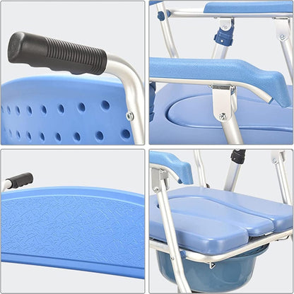 Multipurpose 4-in-1 Folding Bedside Commode Shower Wheelchair With Bucket, Armrest, Footrest & Padded Cushion | Rolling Bathroom/toilet Transport Chair Locking Wheels for Elderly and Seniors