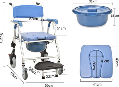 Multipurpose 4-in-1 Folding Bedside Commode Shower Wheelchair With Bucket, Armrest, Footrest & Padded Cushion | Rolling Bathroom/toilet Transport Chair Locking Wheels for Elderly and Seniors