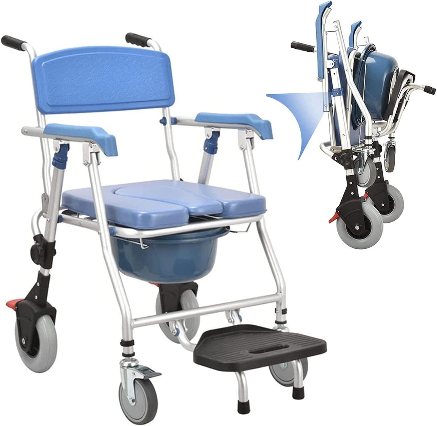 Multipurpose 4-in-1 Folding Bedside Commode Shower Wheelchair With Bucket, Armrest, Footrest & Padded Cushion | Rolling Bathroom/toilet Transport Chair Locking Wheels for Elderly and Seniors