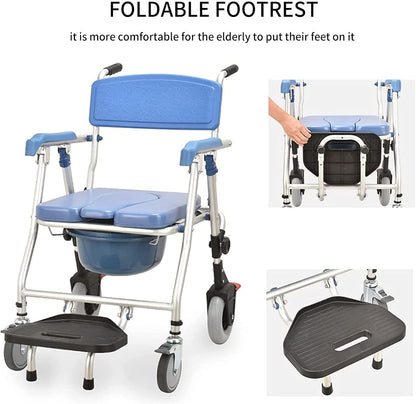 Multipurpose 4-in-1 Folding Bedside Commode Shower Wheelchair With Bucket, Armrest, Footrest & Padded Cushion | Rolling Bathroom/toilet Transport Chair Locking Wheels for Elderly and Seniors