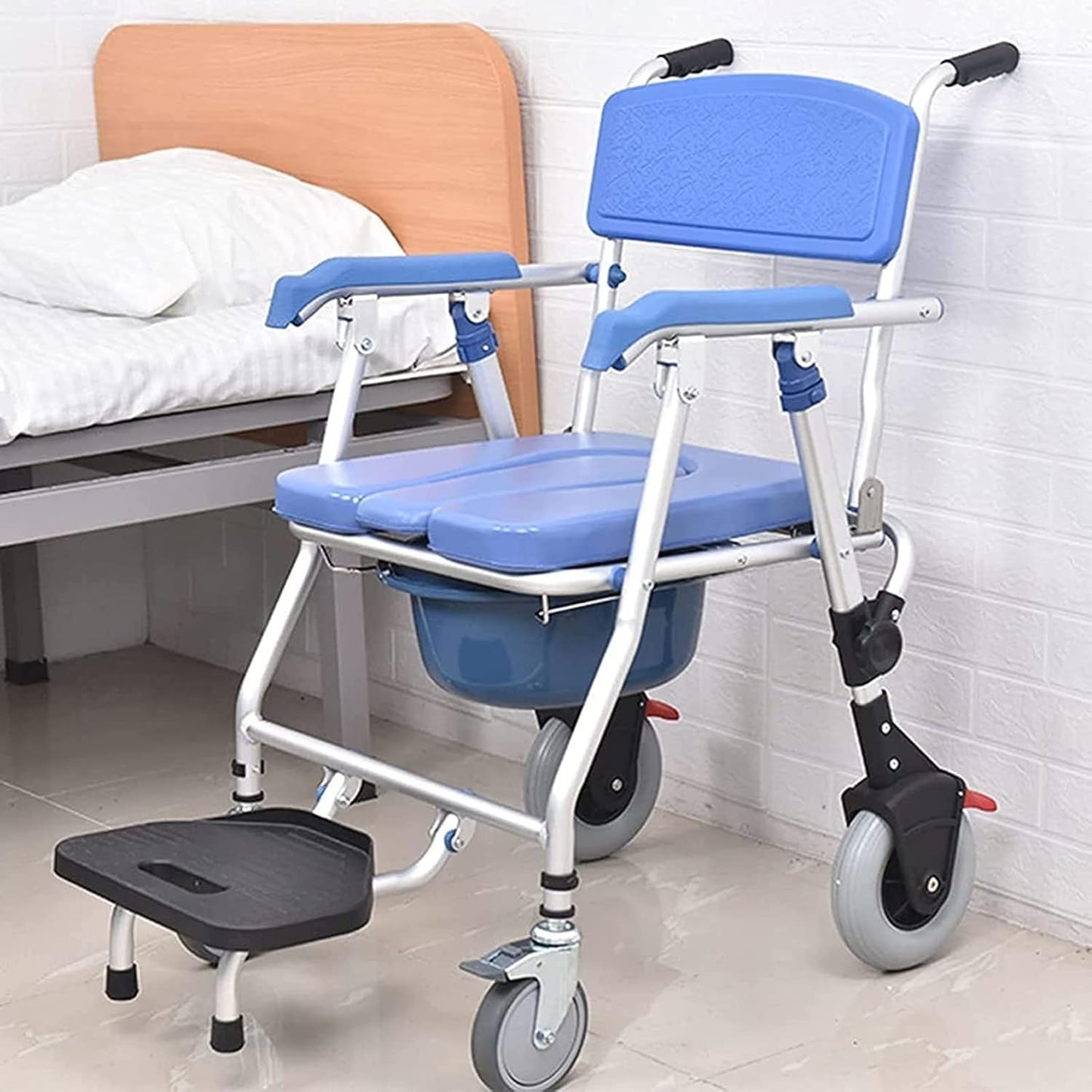 Multipurpose 4-in-1 Folding Bedside Commode Shower Wheelchair With Bucket, Armrest, Footrest & Padded Cushion | Rolling Bathroom/toilet Transport Chair Locking Wheels for Elderly and Seniors