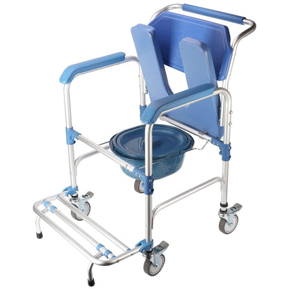 Multifunctional Rolling Shower Commode Chair With Locking Wheels | Soft Padded U-Cut Seat | Lightweight Folding Bathroom/Toilet Wheelchair With Bucket, Armrest, Footrest for Elderly & Seniors