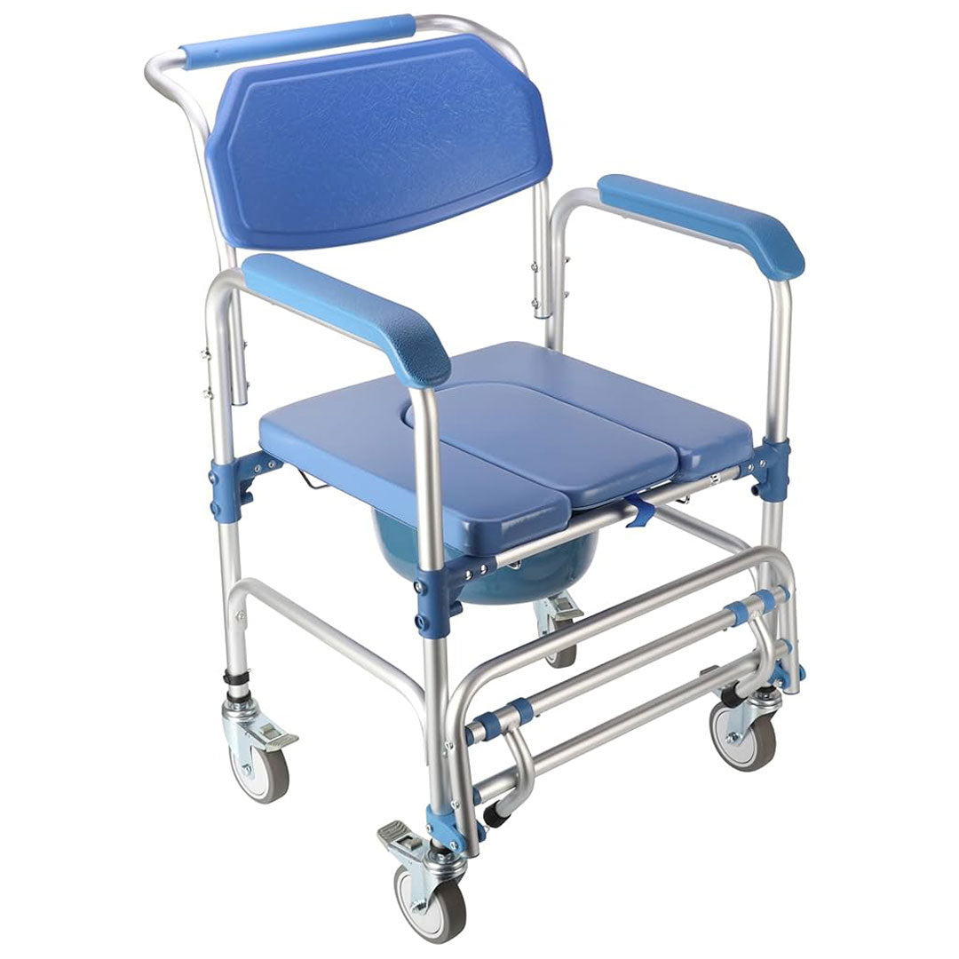 Multifunctional Rolling Shower Commode Chair With Locking Wheels | Soft Padded U-Cut Seat | Lightweight Folding Bathroom/Toilet Wheelchair With Bucket, Armrest, Footrest for Elderly & Seniors