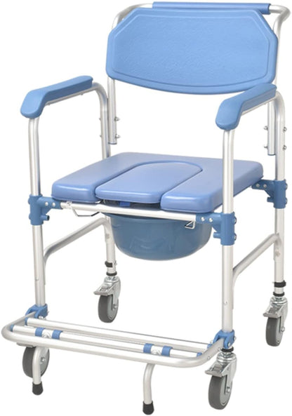 Multifunctional Rolling Shower Commode Chair With Locking Wheels | Soft Padded U-Cut Seat | Lightweight Folding Bathroom/Toilet Wheelchair With Bucket, Armrest, Footrest for Elderly & Seniors