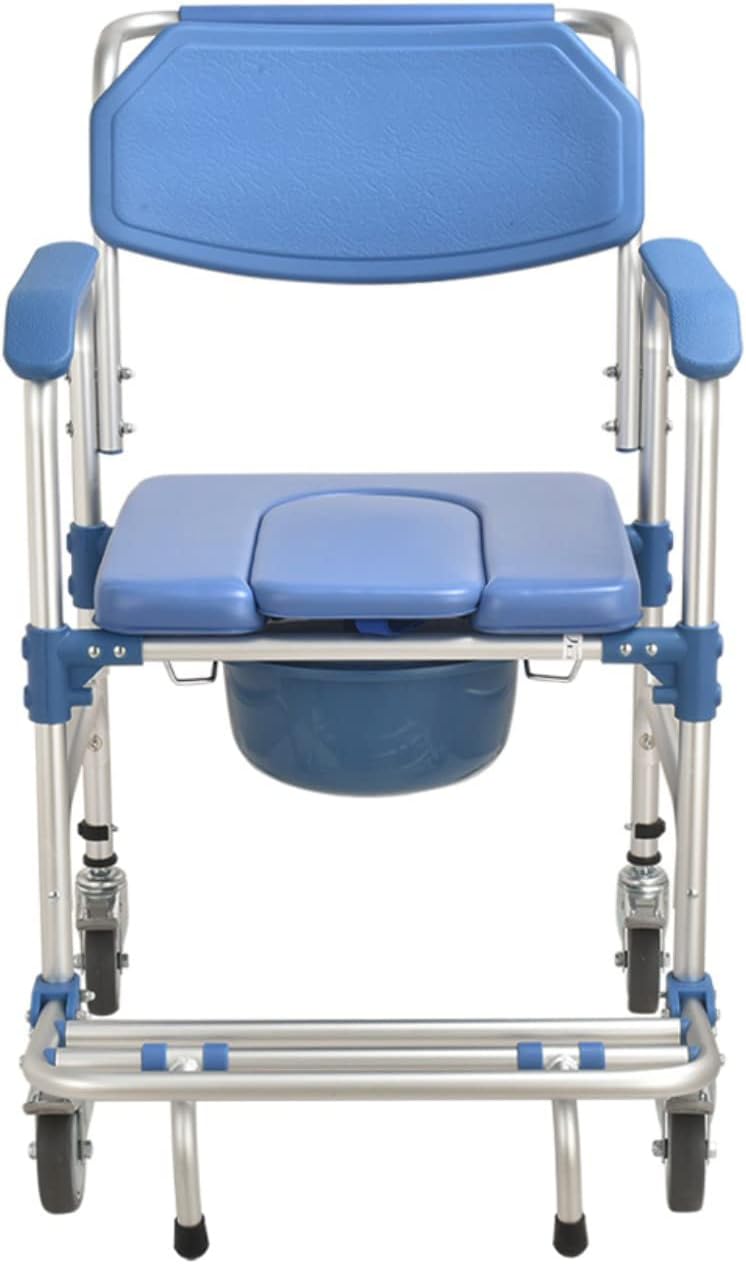 Multifunctional Rolling Shower Commode Chair With Locking Wheels | Soft Padded U-Cut Seat | Lightweight Folding Bathroom/Toilet Wheelchair With Bucket, Armrest, Footrest for Elderly & Seniors