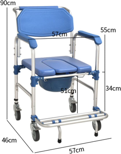 Multifunctional Rolling Shower Commode Chair With Locking Wheels | Soft Padded U-Cut Seat | Lightweight Folding Bathroom/Toilet Wheelchair With Bucket, Armrest, Footrest for Elderly & Seniors