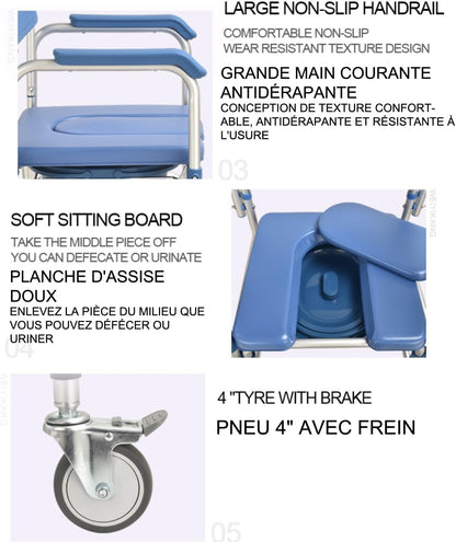 Multifunctional Rolling Shower Commode Chair With Locking Wheels | Soft Padded U-Cut Seat | Lightweight Folding Bathroom/Toilet Wheelchair With Bucket, Armrest, Footrest for Elderly & Seniors