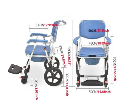 Multipurpose 3-in-1 Folding Bedside Commode Shower Chair with Footrest, Soft Cushion Backrest, Locking Wheels | Medical Rolling Bathroom/Toilet Transport Wheelchair for Elderly and Seniors
