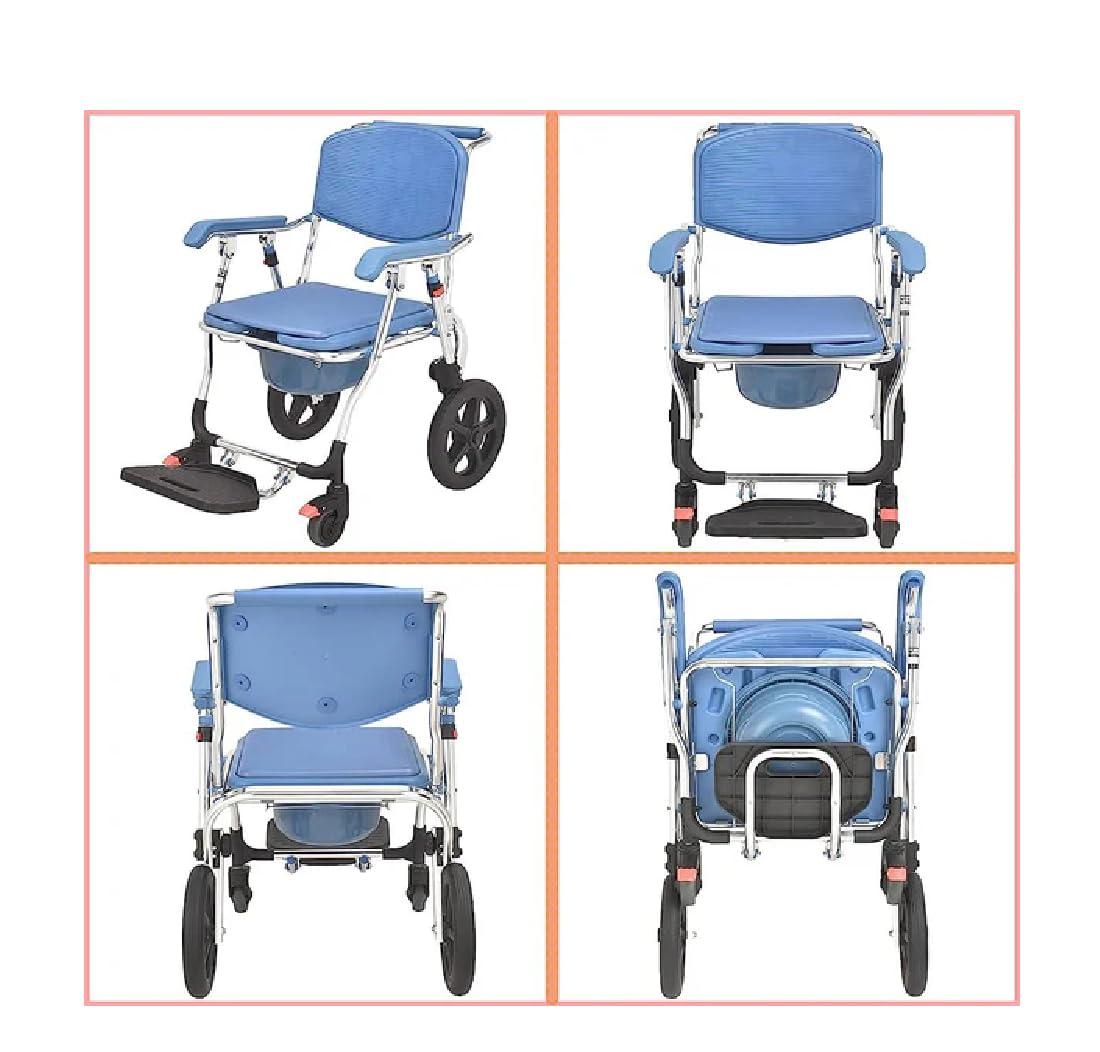 Multipurpose 3-in-1 Folding Bedside Commode Shower Chair with Footrest, Soft Cushion Backrest, Locking Wheels | Medical Rolling Bathroom/Toilet Transport Wheelchair for Elderly and Seniors