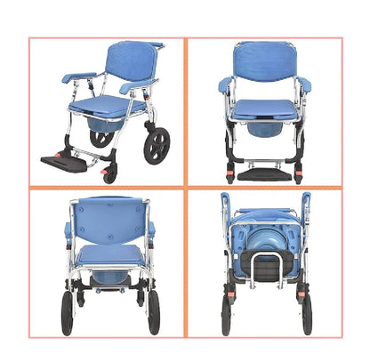 Multipurpose 3-in-1 Folding Bedside Commode Shower Chair with Footrest, Soft Cushion Backrest, Locking Wheels | Medical Rolling Bathroom/Toilet Transport Wheelchair for Elderly and Seniors